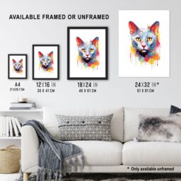 "Artery8 Wall Art Print Russian Blue Cat Lover Gift Pet Portrait Orange Blue Yellow Artwork Painting Art Framed - Size: W12"" x H16""" - thumbnail 3