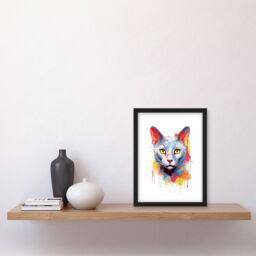 "Artery8 Wall Art Print Russian Blue Cat Lover Gift Pet Portrait Orange Blue Yellow Artwork Painting Art Framed - Size: W12"" x H16""" - thumbnail 4