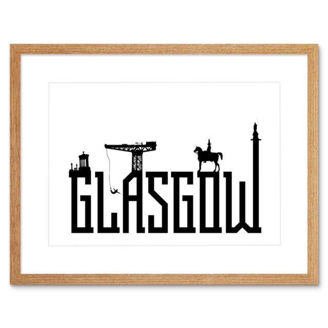 "Artery8 Wall Art Print Glasgow City Scotland Landmarks Typography Silhouettes Framed Art in Beige - Size: W7"" x H9""" - image 1