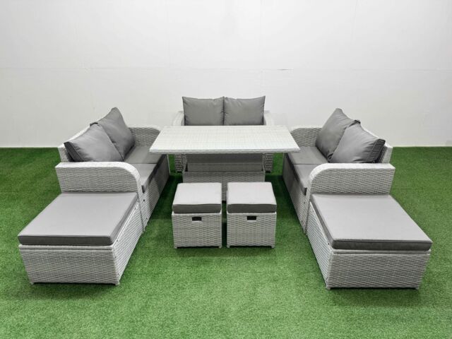 Fimous 8 PCs Rising Dining Table Set Inclining Love Sofa Seat Big Footstool in Light Grey - image 1