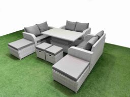 Fimous 8 PCs Rising Dining Table Set Inclining Love Sofa Seat Big Footstool in Light Grey - thumbnail 2
