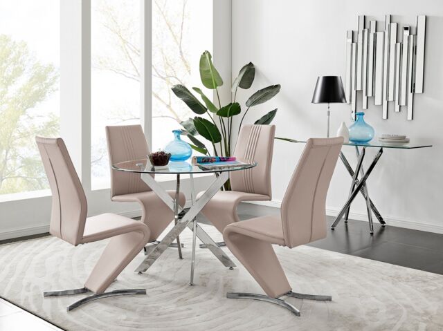 FurnitureboxUK Novara Round 100cm Chrome Metal & Glass Dining Table & 4 Willow Dining Chairs Set in Beige - image 1