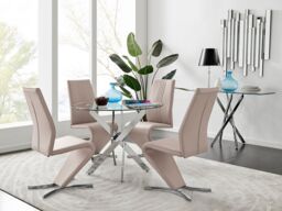 FurnitureboxUK Novara Round 100cm Chrome Metal & Glass Dining Table & 4 Willow Dining Chairs Set in Beige