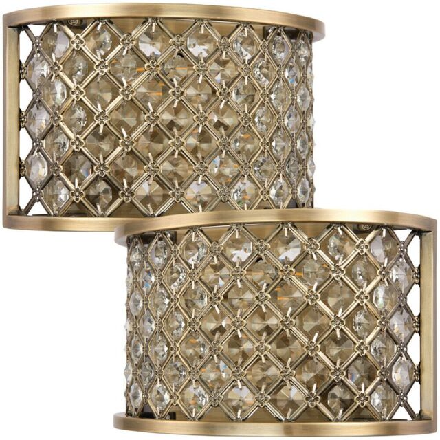Loops 2 PACK Crystal Cage Wall Light Brass & Glass Shade Modern Twin Bulb Lounge Lamp in Clear - image 1