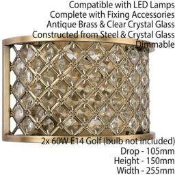 Loops 2 PACK Crystal Cage Wall Light Brass & Glass Shade Modern Twin Bulb Lounge Lamp in Clear - thumbnail 3