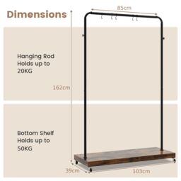 Costway Clothes Rack on Wheels Industrial Pipe Style Rolling Garment Rack in Brown - thumbnail 2
