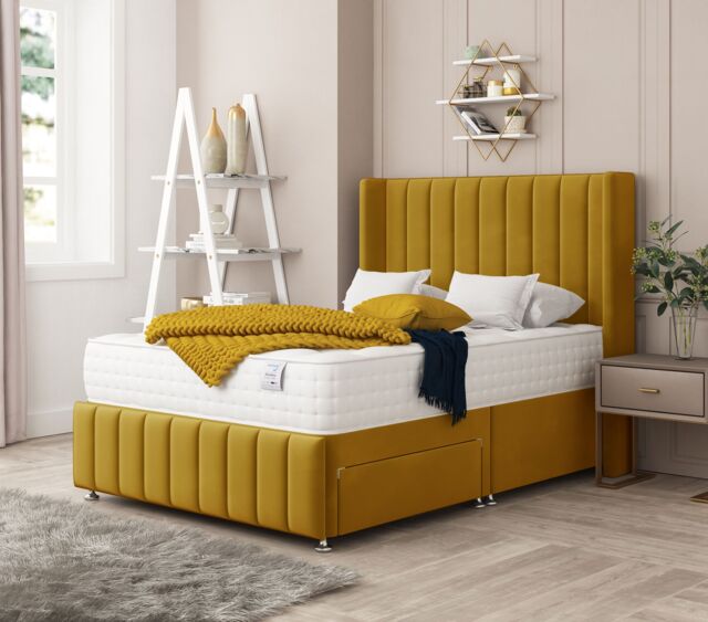 "Bed Choices Brisbane Upholstered Divan Bed 2 drawers, Mattress & 54"" Headboard in Mustard - Size: King" - image 1