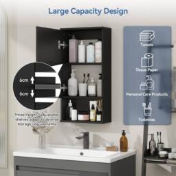 KORVIXA Wall Mounted Bathroom Cabinet Wooden Storage Cupboard in Black - Size: W600mm x H600mm - thumbnail 5