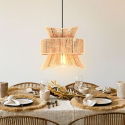 Garwarm 1 Light Farmhouse Boho Geometric Rattan Pendant Light in Light Brown
