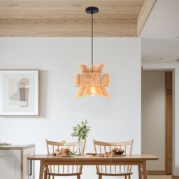 Garwarm 1 Light Farmhouse Boho Geometric Rattan Pendant Light in Light Brown - thumbnail 2