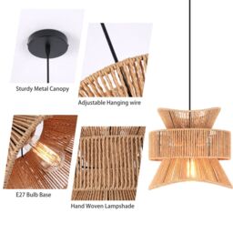 Garwarm 1 Light Farmhouse Boho Geometric Rattan Pendant Light in Light Brown - thumbnail 8