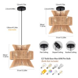 Garwarm 1 Light Farmhouse Boho Geometric Rattan Pendant Light in Light Brown - thumbnail 5