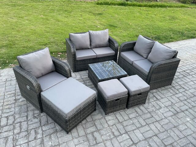 Fimous 7 Piece Garden Furniture Sets 6 Seater Outdoor Patio Furniture Set Weaving Wicker Rattan Sofa Chair & Table with 3 Footstools in Dark Grey - image 1