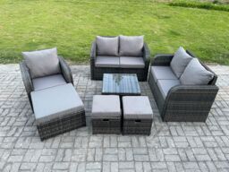 Fimous 7 Piece Garden Furniture Sets 6 Seater Outdoor Patio Furniture Set Weaving Wicker Rattan Sofa Chair & Table with 3 Footstools in Dark Grey - thumbnail 2