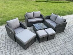 Fimous 7 Piece Garden Furniture Sets 6 Seater Outdoor Patio Furniture Set Weaving Wicker Rattan Sofa Chair & Table with 3 Footstools in Dark Grey - thumbnail 1
