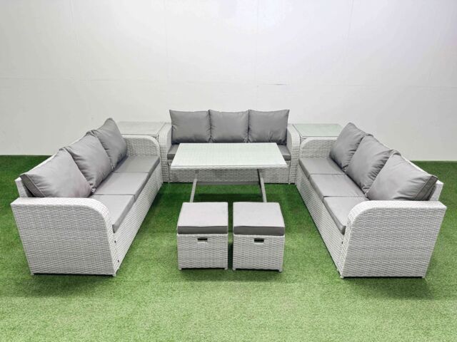 Fimous 11 Seat PE Rattan Garden Furniture with 2 Side Tables 2 Small Stools in Light Grey - image 1