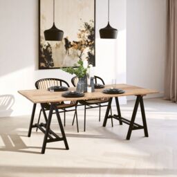 Orsina Sturdy Pine Wood & Iron Dining Table, A-Frame Legs Small Dining Table, Elegant Kitchen Table For Dinner in Natural