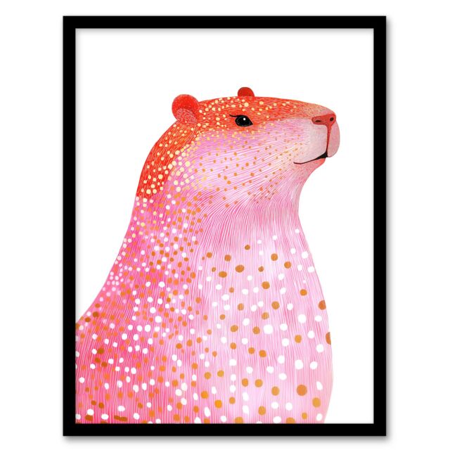 "Artery8 Cute Pink Capybara White Gold Polka Dot Fur Coat Framed Art Print - Size: W12"" x H16""" - image 1