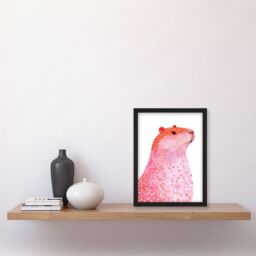 "Artery8 Cute Pink Capybara White Gold Polka Dot Fur Coat Framed Art Print - Size: W12"" x H16""" - thumbnail 4