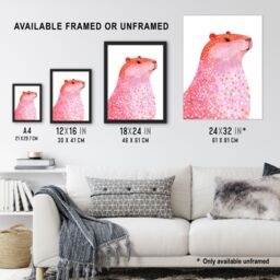 "Artery8 Cute Pink Capybara White Gold Polka Dot Fur Coat Framed Art Print - Size: W12"" x H16""" - thumbnail 3