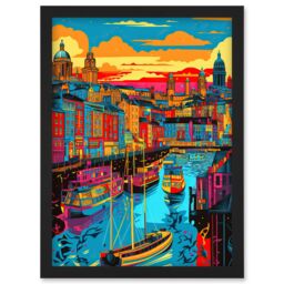 Artery8 Vibrant Liverpool City Waterfront Sunset Cityscape Artwork Framed Wall Art Print A4 in Black - thumbnail 1