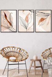ARTZE Set of 3 Black Framed Graphical Line Art Autumn Leaves Wall Art in Pale Orange - Size: W33 cm x H45 cm x D20mm