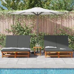 Berkfield Home Double Sun Lounger with Wheels & Cushion - Solid Acacia Wood in Brown - thumbnail 3