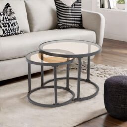FURNOS Set Of 2 Round Nesting Tables With Tempered Glass Top Black - thumbnail 4