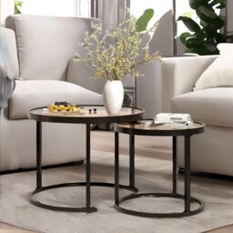 FURNOS Set Of 2 Round Nesting Tables With Tempered Glass Top Black - thumbnail 2