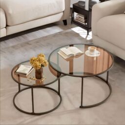 FURNOS Set Of 2 Round Nesting Tables With Tempered Glass Top Black