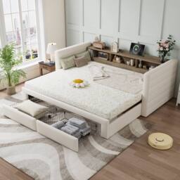 Matteo Upholstered Daybed with Trundle & Storage, 3FT Single, Beige Linen - Size: Single