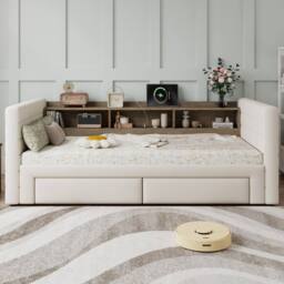 Matteo Upholstered Daybed with Trundle & Storage, 3FT Single, Beige Linen - Size: Single - thumbnail 2