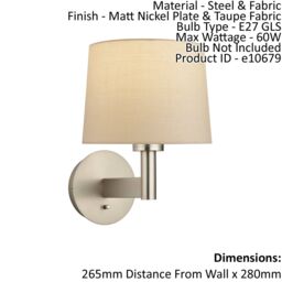 Loops Wall Light Matt Nickel Plate & Taupe Fabric 60W E27 GLS Dimmable e10679 in Metallics