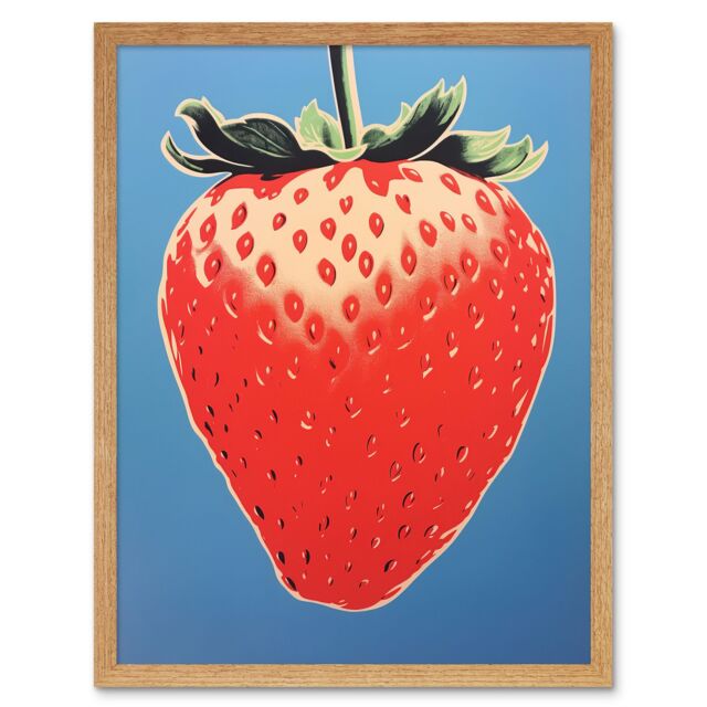 "Artery8 Wall Art Print A Single Strawberry Block Colour Artwork Red on Blue Bold Bright Minimalist Kitchen Decor Art Framed - Size: W12"" x H16""" - image 1