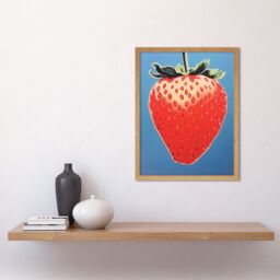 "Artery8 Wall Art Print A Single Strawberry Block Colour Artwork Red on Blue Bold Bright Minimalist Kitchen Decor Art Framed - Size: W12"" x H16""" - thumbnail 2
