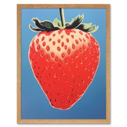 "Artery8 Wall Art Print A Single Strawberry Block Colour Artwork Red on Blue Bold Bright Minimalist Kitchen Decor Art Framed - Size: W12"" x H16""" - thumbnail 1