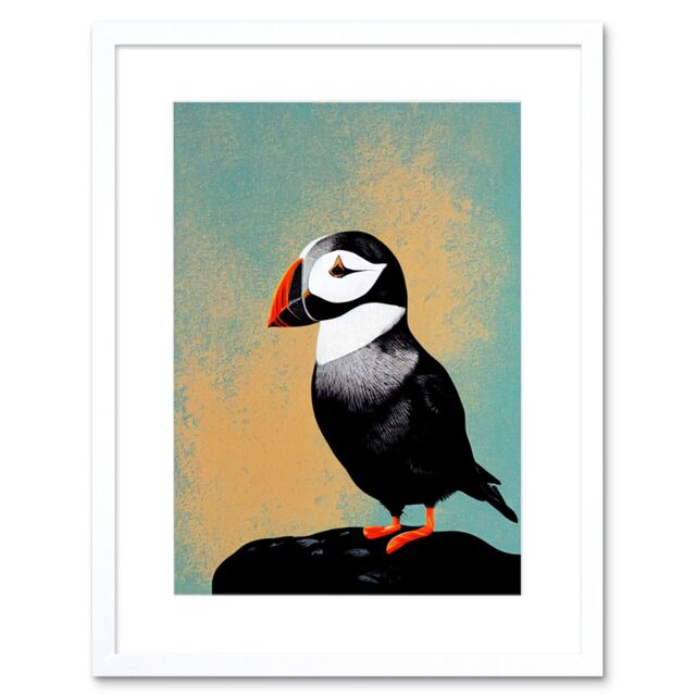 "Artery8 Wall Art Print Cute Puffin Bird on Rock Modern Artwork Framed 9X7 Inch in White - Size: W7"" x H9""" - image 1