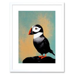 "Artery8 Wall Art Print Cute Puffin Bird on Rock Modern Artwork Framed 9X7 Inch in White - Size: W7"" x H9""" - thumbnail 1