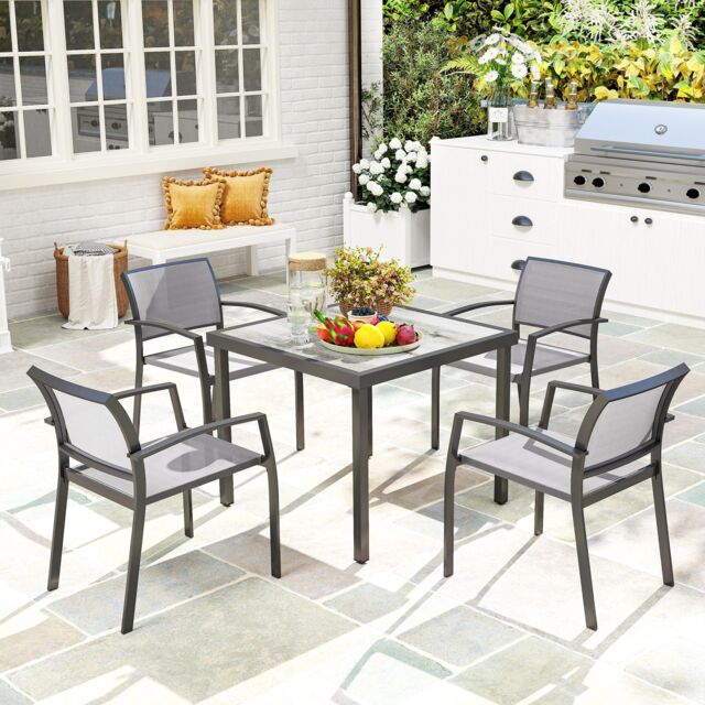 OUTSUNNY 5 Piece Garden Furniture Set with 4 Stackable Armchairs, Grey - image 1