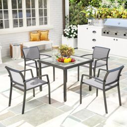 OUTSUNNY 5 Piece Garden Furniture Set with 4 Stackable Armchairs, Grey - thumbnail 1