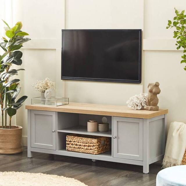 Wyld and Coco 130 cm TV Stand Grey Body Light Wood Top Cable Management Concealed - image 1