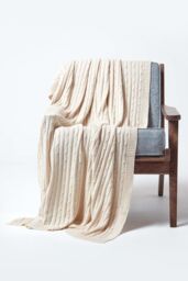 Homescapes Cotton Cable Knit Throw Soft & Cosy Vintage Blanket in Natural - Size: 130 cm x 170 cm