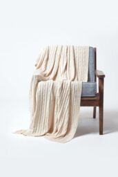 Homescapes Cotton Cable Knit Throw Soft & Cosy Vintage Blanket in Natural - Size: 130 cm x 170 cm - thumbnail 2