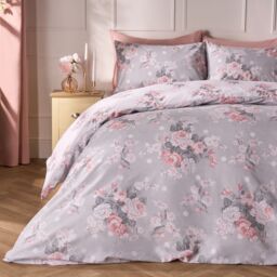OHS English Rose Duvet Cover with Pillow Case Bedding Set in Light Grey - Size: Double - thumbnail 1