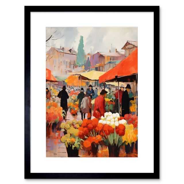 "Artery8 Wall Art Print Busy Flower Market Warm Amber Orange Yellow Oil Painting Artwork Framed 9X7 Inch in Black - Size: W7"" x H9""" - image 1