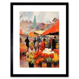 "Artery8 Wall Art Print Busy Flower Market Warm Amber Orange Yellow Oil Painting Artwork Framed 9X7 Inch in Black - Size: W7"" x H9""" - thumbnail 1