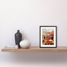 "Artery8 Wall Art Print Busy Flower Market Warm Amber Orange Yellow Oil Painting Artwork Framed 9X7 Inch in Black - Size: W7"" x H9""" - thumbnail 2