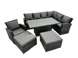 Fimous 9 Seat Rattan Garden Furniture Corner Sofa Set with 2 Big Footstools in Dark Grey - thumbnail 1