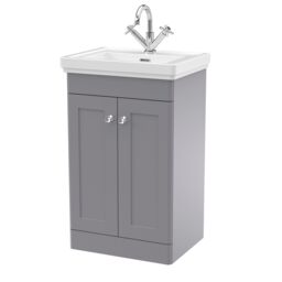 Balterley Bathroom Floor 2-Door Vanity Unit & Fireclay Basin, Grey, 500mm in Grey - thumbnail 1