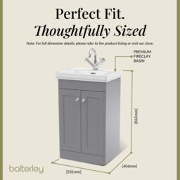 Balterley Bathroom Floor 2-Door Vanity Unit & Fireclay Basin, Grey, 500mm in Grey - thumbnail 5